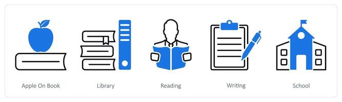 A set of 5 School and Education icons as apple on book, library, reading vector