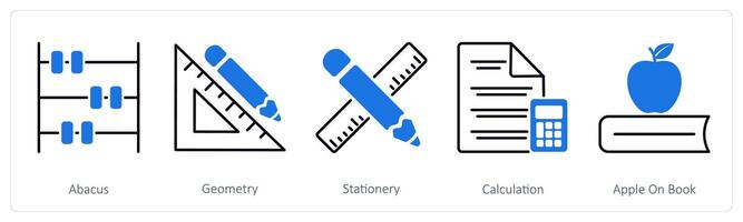 A set of 5 School and Education icons as abacus, geometry, stationery vector