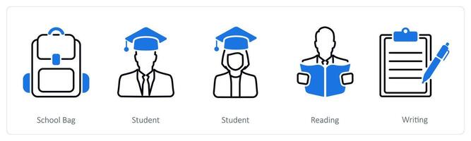 A set of 5 School and Education icons as school bag, student, reading vector