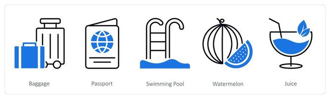 A set of 5 Summer and Travel icons as baggage, passport, swimming pool vector