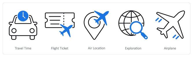 A set of 5 Summer and Travel icons as travel time, flight ticket, air location vector