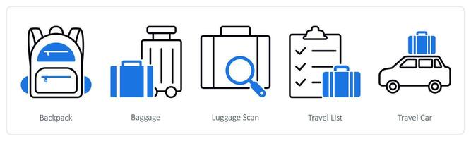 A set of 5 Summer and Travel icons as backpack, baggage, luggage scan vector