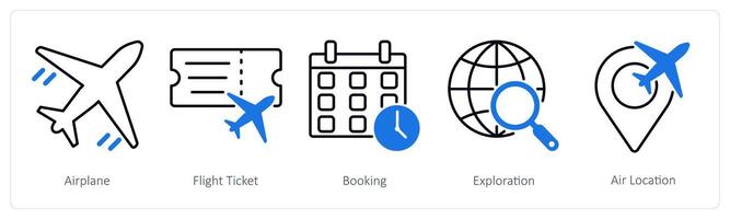 A set of 5 Summer and Travel icons as airplane, flight ticket, booking vector