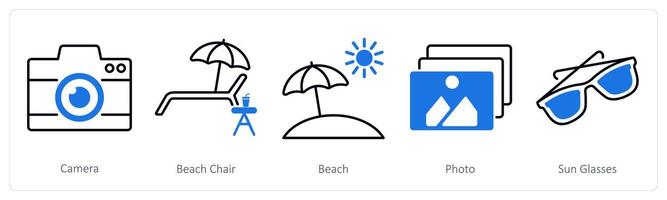 A set of 5 Summer and Travel icons as camera, beach chair, beach vector