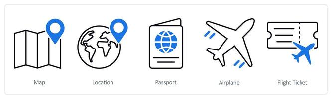 A set of 5 Summer and Travel icons as map, location, passport vector
