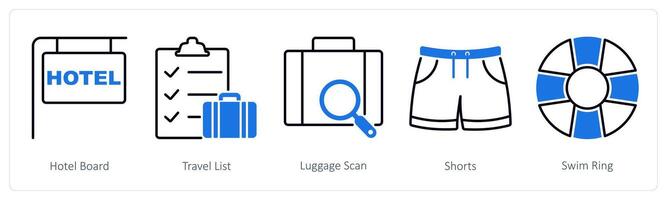 A set of 5 Summer and Travel icons as hotel board, travel list, luggage scan vector