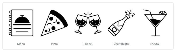 A set of 5 Party and Celebration icons as menu, pizza, cheers vector