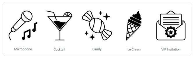 A set of 5 Party and Celebration icons as microphone, cocktail, candy vector