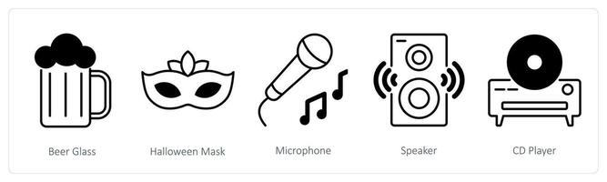 A set of 5 Party and Celebration icons as beer glass, halloween mask, microphone vector