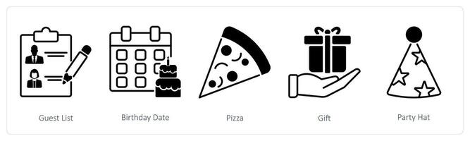 A set of 5 Party and Celebration icons as guest list, birthday date, pizza vector