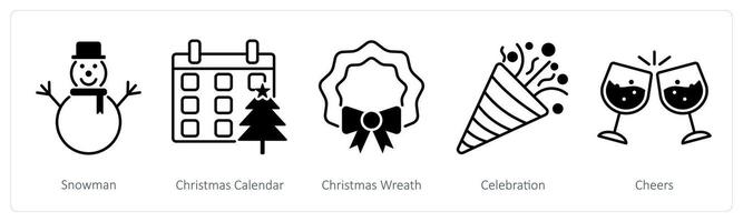 A set of 5 Party and Celebration icons as snowman, christmas calendar, christmas wreath vector