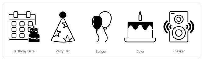 A set of 5 Party and Celebration icons as birthday date, party hat, balloon vector