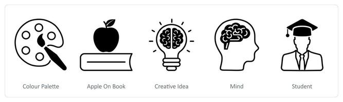 A set of 5 School and Education icons as color palette, apple on book, creative idea vector