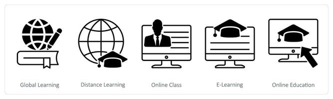 A set of 5 School and Education icons as global learning, distance learning, online class vector