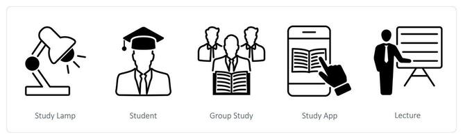 A set of 5 School and Education icons as study lamp, student, group study vector