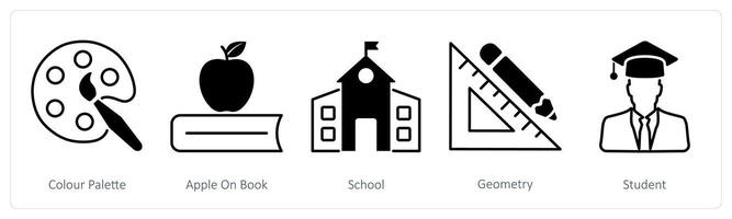 A set of 5 School and Education icons as color palette, apple on book, school vector