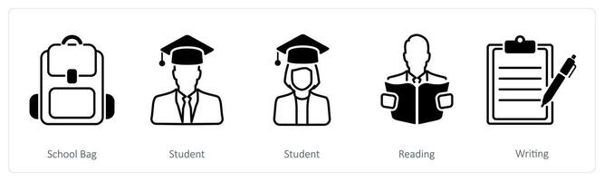 A set of 5 School and Education icons as school bag, student, reading vector