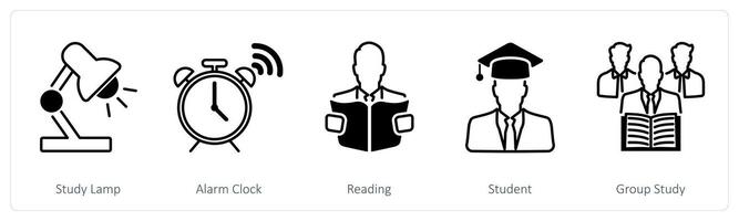A set of 5 School and Education icons as study lamp, alarm clock, reading vector