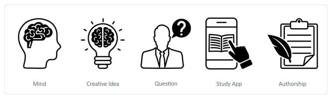 A set of 5 School and Education icons as mind, creative idea, question vector