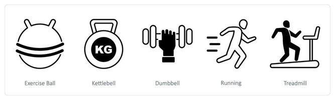 A set of 5 Sports and Fitness icons as exercise ball, kettlebell, dumbell vector