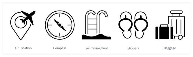 A set of 5 Summer and Travel icons as air location, compass, swimming pool vector