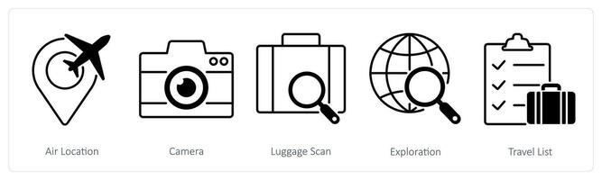 A set of 5 Summer and Travel icons as air location, camera, luggage scan vector