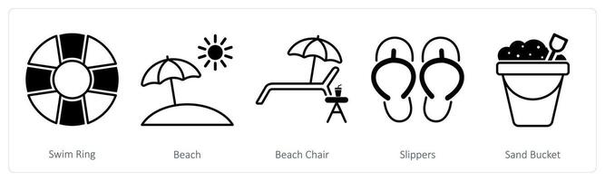 A set of 5 Summer and Travel icons as swim ring, beach, beach chair vector