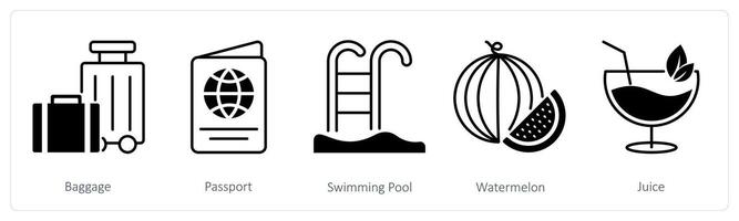 A set of 5 Summer and Travel icons as baggage, passport, swimming pool vector