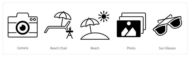 A set of 5 Summer and Travel icons as camera, beach chair, beach vector
