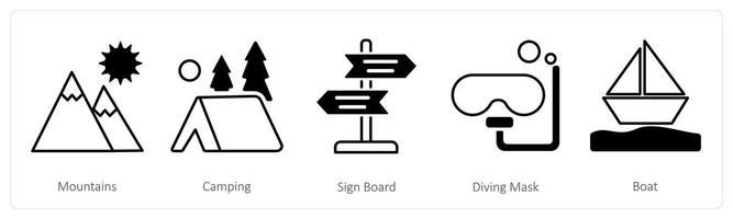 A set of 5 Summer and Travel icons as mountains, camping, sign board vector