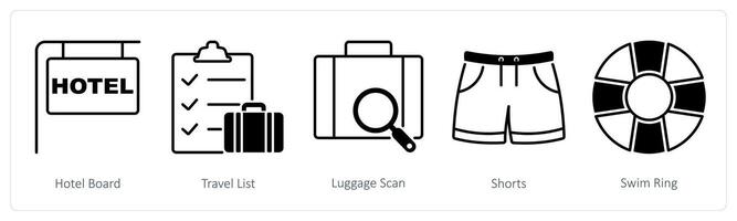 A set of 5 Summer and Travel icons as hotel board, travel list, luggage scan vector