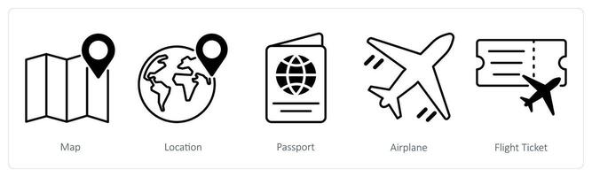 A set of 5 Summer and Travel icons as map, location, passport vector