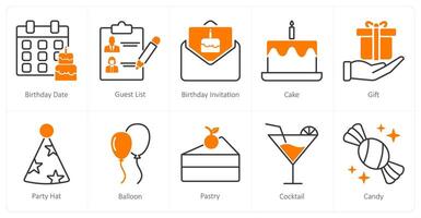 A set of 10 Party and Celebration icons as birthday date, guest list, birthday invitation vector