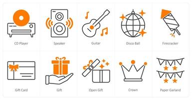 A set of 10 Party and Celebration icons as cd player, speaker, guitar vector