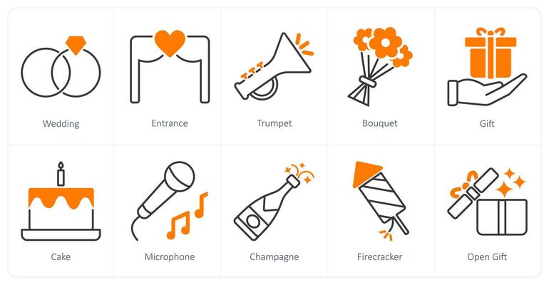 A set of 10 Party and Celebration icons as wedding, entrance, trumpet