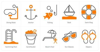 A set of 10 Summer and Vacation icons as diving mask, anchor, fishing vector