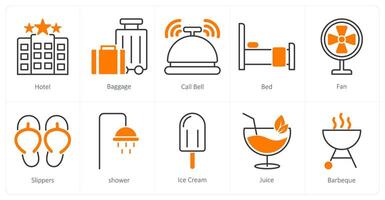 A set of 10 Summer and Vacation icons as hotel, baggage, call bell vector