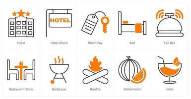 A set of 10 Summer and Vacation icons as hotel, hotel board, room key vector