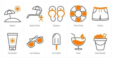 A set of 10 Summer and Vacation icons as beach, beach chair, slippers vector