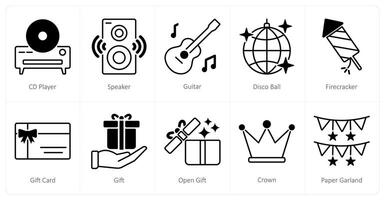A set of 10 Party and Celebration icons as cd player, speaker, guitar vector