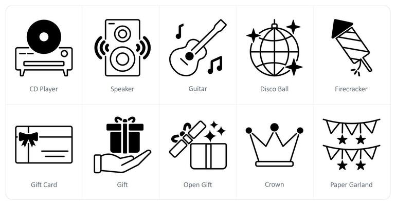 A set of 10 Party and Celebration icons as cd player, speaker, guitar