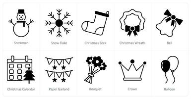 A set of 10 Party and Celebration icons as snowman, snow flake, christmas sock vector
