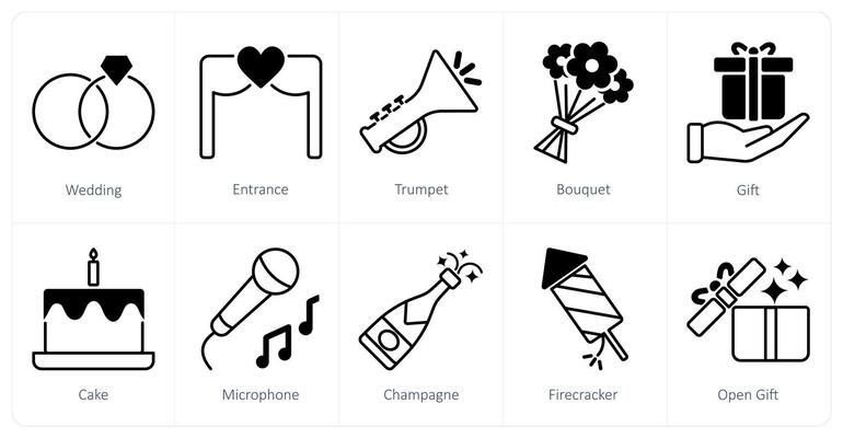 A set of 10 Party and Celebration icons as wedding, entrance, trumpet