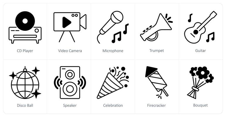 A set of 10 Party and Celebration icons as cd player, camera, microphone