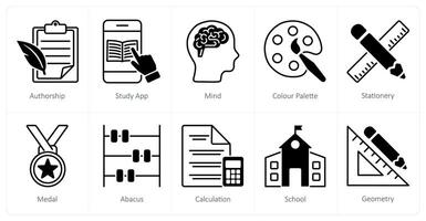 A set of 10 School and Education icons as authorship, study app, mind vector