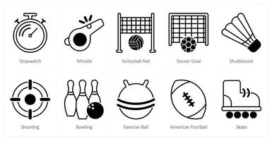 A set of 10 Sports and Fitness icons as stopwatch, whistle, volleyball net vector