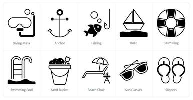 A set of 10 Summer and Vacation icons as diving mask, anchor, fishing vector