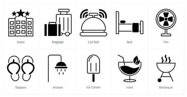 A set of 10 Summer and Vacation icons as hotel, baggage, call bell vector