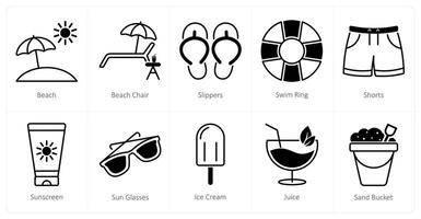 A set of 10 Summer and Vacation icons as beach, beach chair, slippers vector
