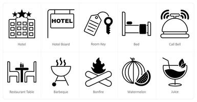 A set of 10 Summer and Vacation icons as hotel, hotel board, room key vector
